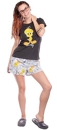 Brandsseller Damen Shorty Pyjama Set Schlafanzug Kurz Zweiteilig 100% Baumwolle - Freizeitanzug mit Motiven im Stil von Tweety Schwarz/Grau L von Brandsseller