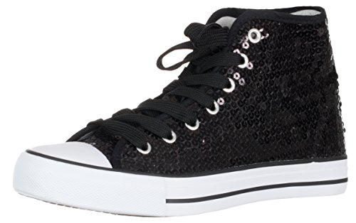 Brandsseller Damen Sneaker mit Pailletten und Glitzer - halbhoch mit Schnürsenkeln modisch bequem für Alltag & Party – Schwarz von Brandsseller