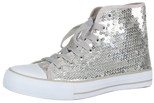 Brandsseller Damen Sneaker mit Pailletten und Glitzer - halbhoch mit Schnürsenkeln modisch bequem für Alltag & Party – Silber von Brandsseller