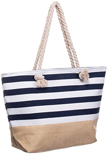 Brandsseller Strandtasche Maritim mit Reißverschluss Canvas ca. 50x36x15 cm Schultertasche Einkaufstasche Badetasche Gestreift/Blau von Brandsseller