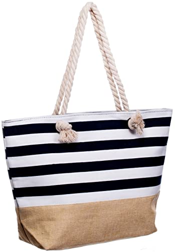 Brandsseller Strandtasche Maritim mit Reißverschluss Canvas ca. 50x36x15 cm Schultertasche Einkaufstasche Badetasche Gestreift/Schwarz von Brandsseller