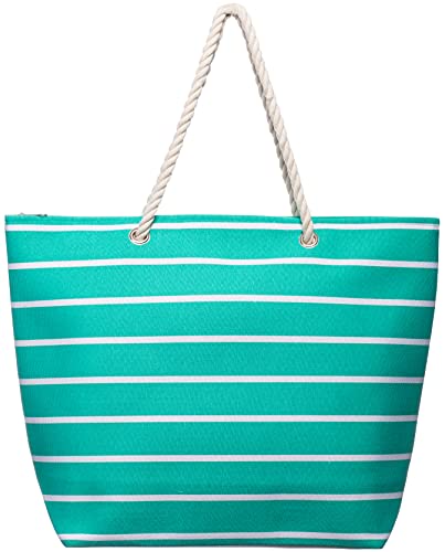 Brandsseller Strandtasche mit Reißverschluss 50x38x15cm Schultertasche Einkaufstasche Innentasche - Mint/Weiß von Brandsseller