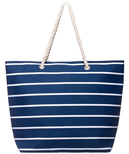 Brandsseller Strandtasche mit Reißverschluss 50x38x15cm Schultertasche Einkaufstasche Innentasche - Navy/Weiß von Brandsseller