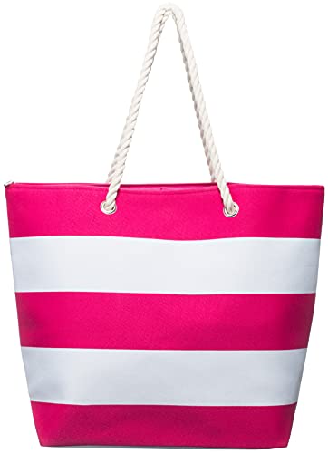 Brandsseller Strandtasche mit Reißverschluss 50x38x15cm Schultertasche Einkaufstasche Innentasche - Pink/Weiß von Brandsseller