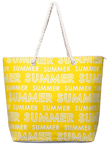 Brandsseller Strandtasche mit Reißverschluss 50x38x15cm Schultertasche Einkaufstasche Innentasche - Summer - Gelb/Weiß von Brandsseller