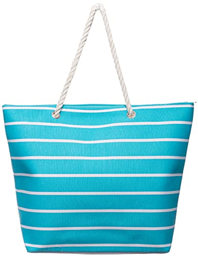 Brandsseller Strandtasche mit Reißverschluss 50x38x15cm Schultertasche Einkaufstasche Innentasche - Türkis/Weiß von Brandsseller