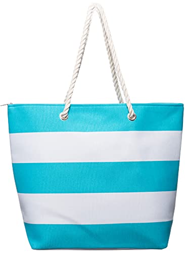 Brandsseller Strandtasche mit Reißverschluss 50x38x15cm Schultertasche Einkaufstasche Innentasche - Türkis/Weiß von Brandsseller