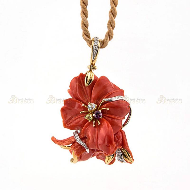 Original Floral Design Coral Anhänger in 750Er Gelbgold, Edelstein Halskette, Korallen - Und Diamant-Halskette, Jubiläumsgeschenk Für Sie von BrascoJewelry