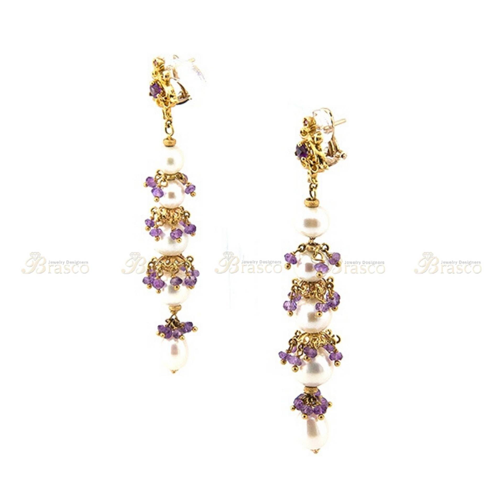 Perle Und Amethyst Tropfen Ohrringe in 18 K Gelbgold, Farbigestein Schmuck, Beste Edelstein Diamant-Designs, Jubiläumsgeschenk von BrascoJewelry