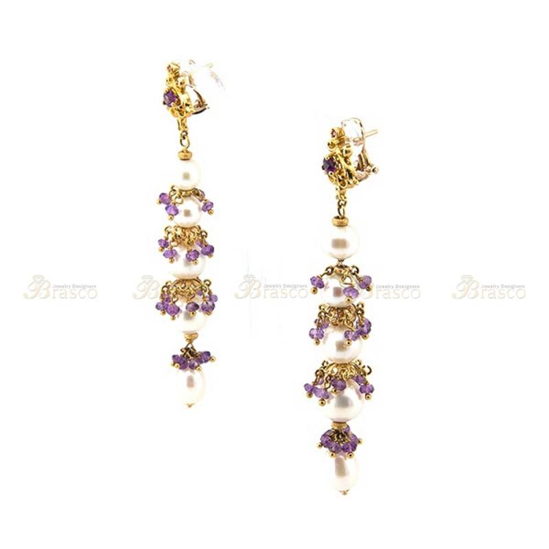 Perle Und Amethyst Tropfen Ohrringe in 18 K Gelbgold, Farbigestein Schmuck, Beste Edelstein Diamant-Designs, Jubiläumsgeschenk von BrascoJewelry