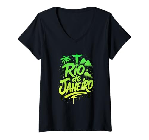 Damen Rio de Janeiro Graffiti-Schriftzug T-Shirt mit V-Ausschnitt von Brasil Walls