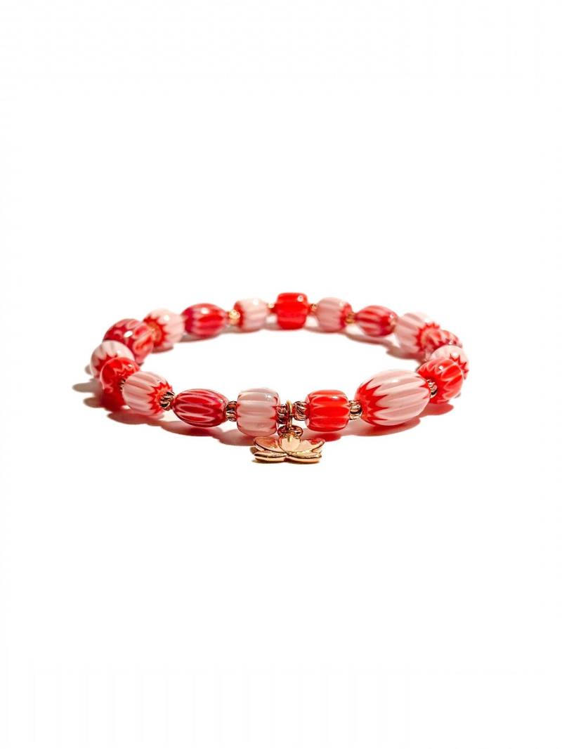 Armband Aus Roten Millefiori-Perlen Mit Lotusblumen-Anhänger | Handgemachter Schmuck Für Frauen Geschenk Freundin von BraslePel