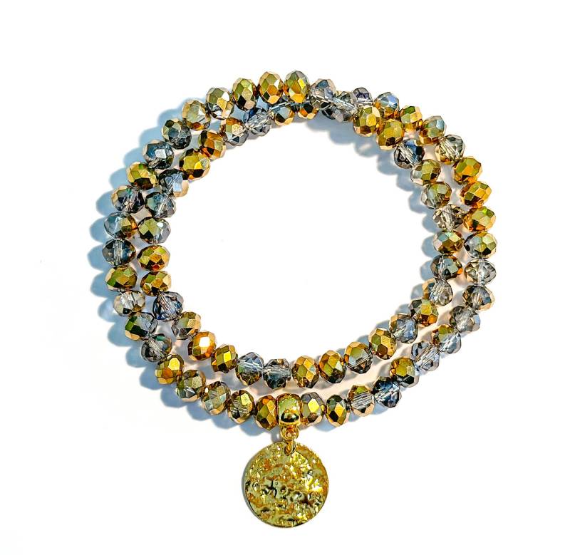 Goldenes Wickelarmband Aus Glasfacettperlen Mit Statement-Anhänger | Armband Geschenk Freundin von BraslePel