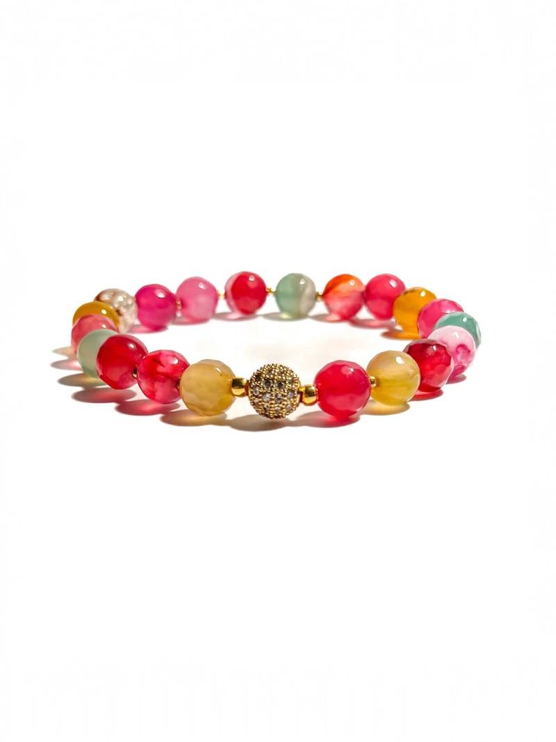 Pinkes Armband Aus Bunten Quarzperlen Mit Goldener Micro-Pave-strasskugel Pinkes Armband Aus Bunten Quarzperlen Mit Goldener Micro-Pave-strasskugel von BraslePel