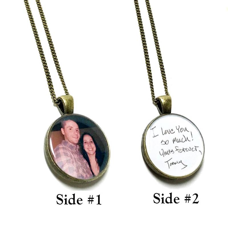 Personalisierte Foto Handschrift Halskette Doppelseitiger Erinnerungsschmuck. Senden Sie Fotos Über Nachricht von BrassAndChain