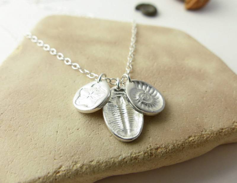 Fossil Halskette - Wissenschaft Geschenk Cluster Silber Ammonit Trilobit Jura Schmuck Geologie von BrassCatDesign