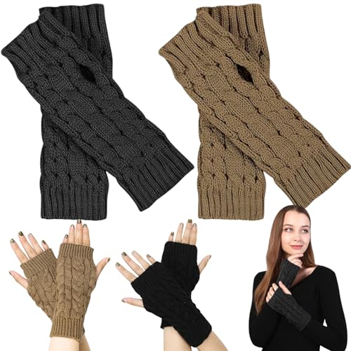 Brateuanoii 2 Paar Fashion Fingerlose Handschuhe, Halb Fingerlose Handschuhe, Strick Handschuhe Ohne Finger, Pulswärmer Stulpen Mit Daumenschlitz, Handstulpen, Warm Kurzer Halb Handstulpen Unisex von Brateuanoii