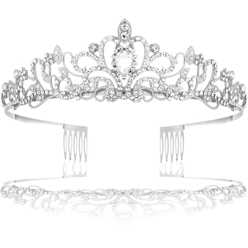 Brateuanoii Hochzeit Tiara Krone Kristall, Kristallkrone Mit Kamm, Hochzeit Braut Haarschmuck Prinzessin Krone, Silber Kristall Krone Mit Strass, Krone Damen Tiara Mit Inlay Kristallblume Braut von Brateuanoii