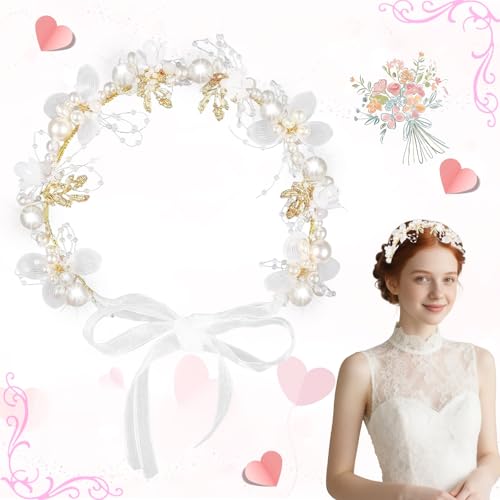 Brateuanoii Perlen Strass Silber Blumen Haarband, Hochzeit Braut Stirnband, Braut Kopfschmuck Vintage, Kommunion Blumenkranz Haare Stirnband, Kopfschmuck Haarschmuck Für Frauen Und Mädchen von Brateuanoii