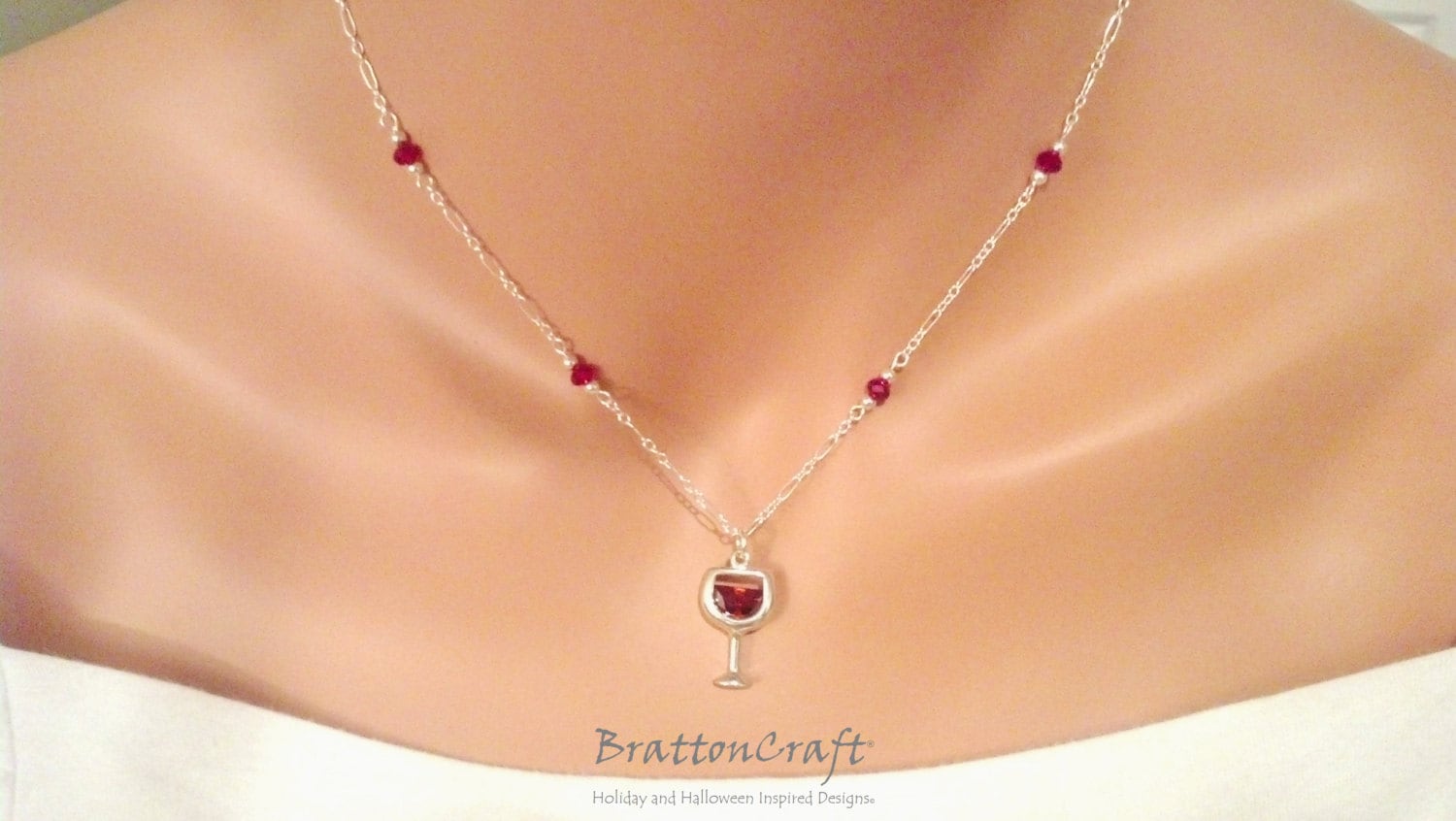 sterling Silber Weinglas Halskette Roter Zirkonia & Kristall von BrattonCraft