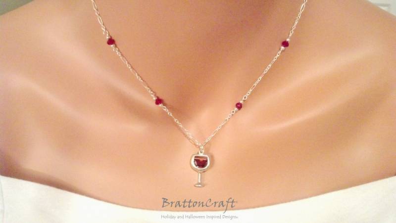 sterling Silber Weinglas Halskette Roter Zirkonia & Kristall von BrattonCraft