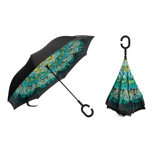 Braty Decorations Seitenverkehrter Stockschirm, Innovativer Doppelschichtiger Regenschirm Mit C-förmigem Griff (Pfau) von BRATY DECORATIONS