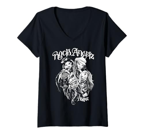Damen Bratz Grayscale Weathered Distressed Band-Stil T-Shirt mit V-Ausschnitt von Bratz