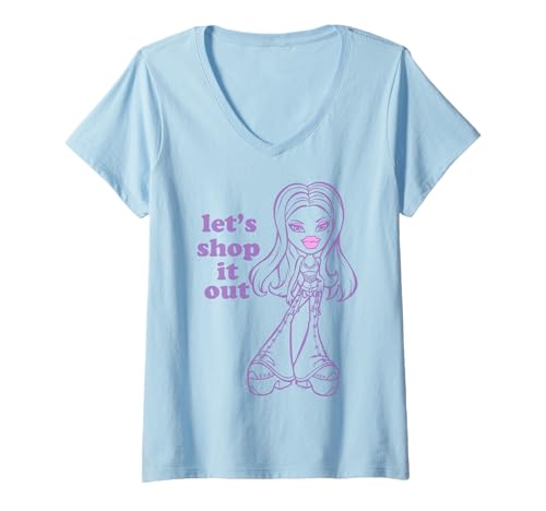 Damen Bratz Yasmin Line Art Let's Shop It Out Text, lila T-Shirt mit V-Ausschnitt von Bratz