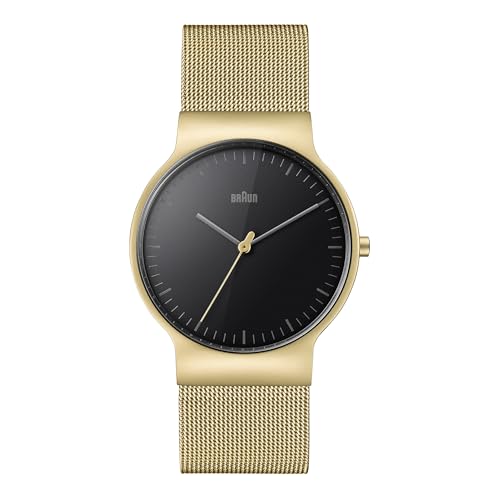 Braun Schlanke Herren-Analog-Quarzuhr mit 3 Zeigern, schwarzes Zifferblatt und goldenes Milanaise-Armband, 38-mm-Goldgehäuse, Modell BN0211BKGDMHG. von Braun