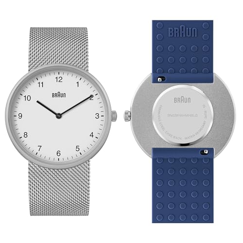Braun 2-Zeiger-Quarz-Analoguhr, weißes Zifferblatt und Edelstahl-Mesh-Armband mit zusätzlichem blau Silikon-Kautschukarmband, Schnellverschluss-Federstege, 38 mm, Modell BN0281WHMHGYG von Braun