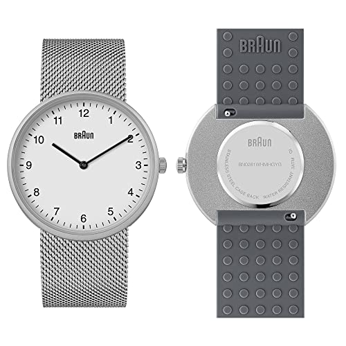 Braun 2-Zeiger-Quarz-Analoguhr, weißes Zifferblatt und Edelstahl-Mesh-Armband mit zusätzlichem grauem Silikon-Kautschukarmband, Schnellverschluss-Federstege, 38 mm, Modell BN0281WHMHGYG. von Braun