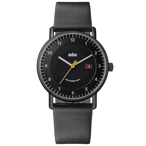Braun 3-Zeiger-Herrenuhr mit solarbetriebener Quartz-Datumsanzeige, schwarzes Ziffernblatt und schwarzes Lederarmband, 40-mm-Edelstahlgehäuse, Modell BN0301BKBKG von Braun