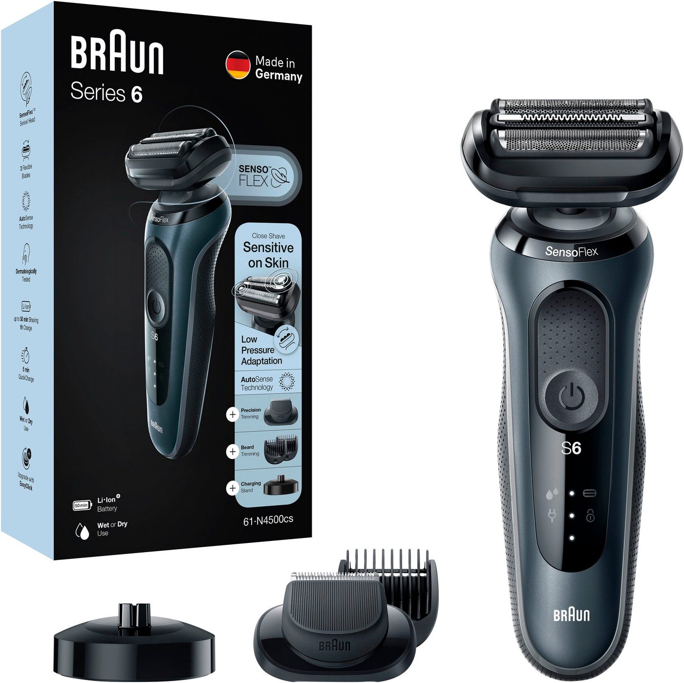 Braun Elektrorasierer 6 61-N4500cs, Aufsätze: 2, SmartClick-Präzisionstrimmer, SensoFlex, Wet&Dry von Braun