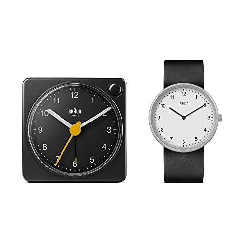 Braun Geschenkset Analog Quarzuhr mit schwarzem Zifferblatt, schwarzem Silikonkautschukband und Zwei Zeigern Classic Reise Analogwecker in Schwarz, Modell BN0231WHBLKG, BC02XB (2er Pack) von Braun