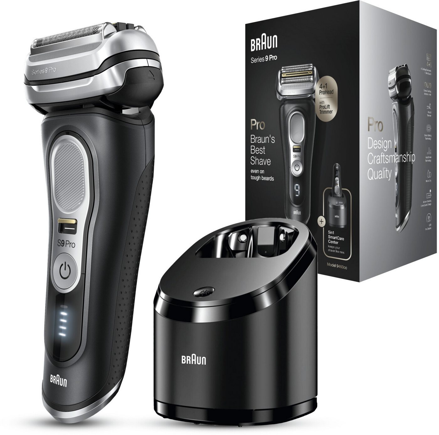 Braun Gesichtshaarrasierer Series 9 Pro 9460cc Herrenrasierer – 4+1 Scherkopf, Wet&Dry, 5-in-1 Reinigungsstation, ProLift Trimmer, 60 Min. Akkulaufzeit, Aufsätze: 0, ProLift Trimmer, Einzelgerät mit Zubehör, 4 Schneidelemente + 1 SkinGuard, ProLift Trimmer, Sonic-Technologie von Braun