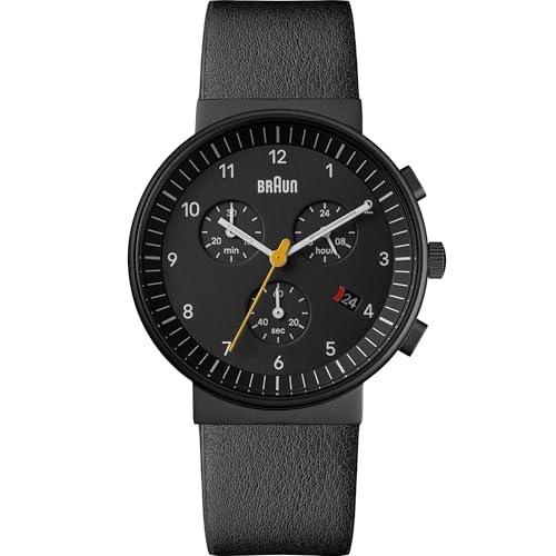 Braun Herren Chronograph mit Datumsanzeige, Armanduhr mit präzisem Quarzuhrwerk, schwarzes Zifferblatt und schwarzes Lederarmband, Schwarzes 40mm Edelstahlgehäuse, Modell BN0035BBKBKG von Braun