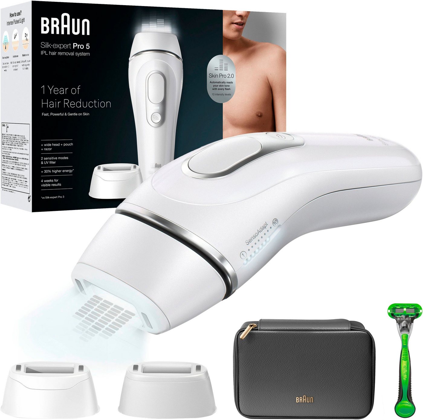 Braun IPL-Haarentferner Silk·expert Pro 5 PL5145, pro Minute bis zu 125 Lichtimpulse, für Männer, 2 Aufsätze & 1 Gillette Rasierer, Aufbewahrungstasche von Braun