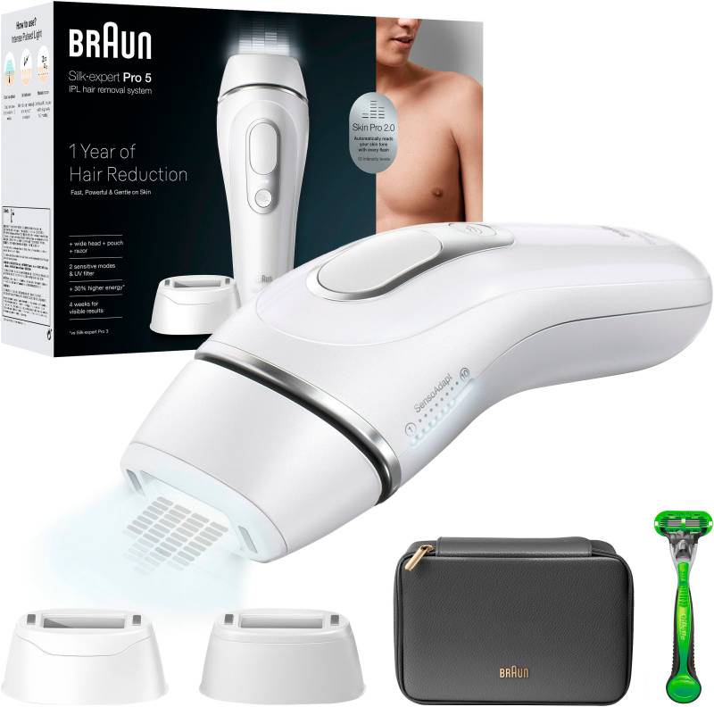 Braun IPL-Haarentferner "Silk·expert Pro 5 PL5145" pro Minute bis zu 125 Lichtimpulse für Männer, 2 Aufsätze & 1 Gillette Rasierer, Aufbewahrungstasche von Braun