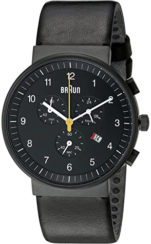 Braun Mens Chronograph with Date Analogue Quartz Watch, Black Dial and Black Leather Strap, 40mm Black Stainless Steel Case, Model BN0035BKBKG. von Braun