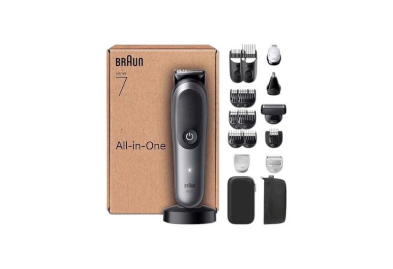 Braun Multifunktionstrimmer All-in-One Trimmer-Set 7, 18-in-1, für Gesicht, Kopf und Körper, Grau, 14 Längen (3–21 mm), Wasserdicht, 120 Min Akku von Braun