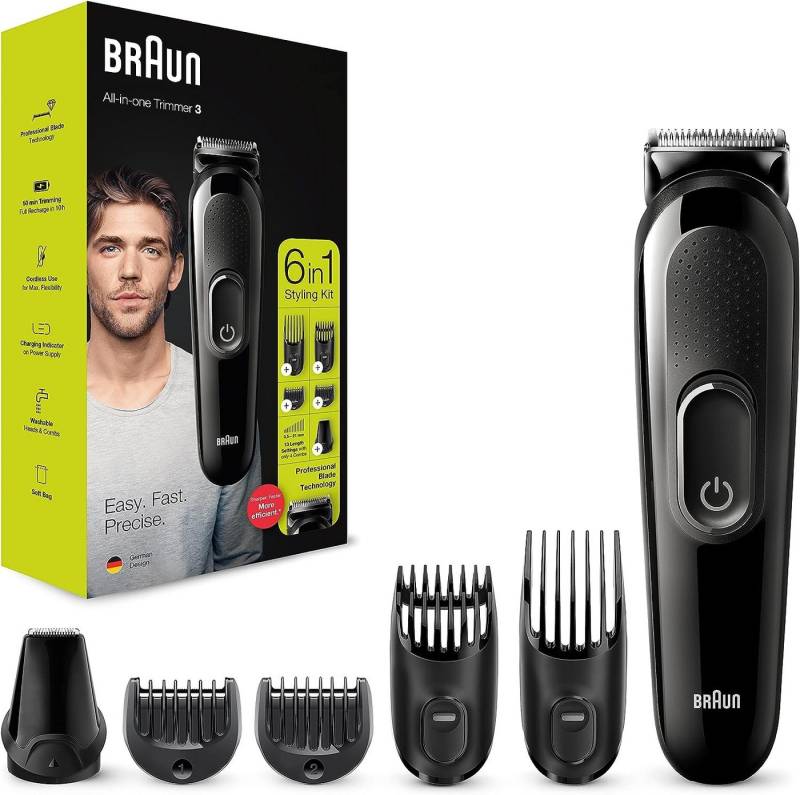 Braun Multifunktionstrimmer Braun 6-in-1 Bartschneider, mit Haar- und Nasentrimmer, Styling-Set, Set für Bart, 6-1 Styling KIT, Wiederverwendbar, langgiebig, leicht zu bedienen, lange Akku Zeit von Braun