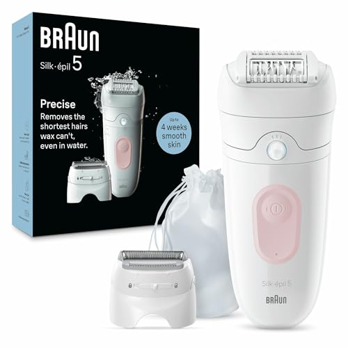 Braun Silk-épil 5, Epilierer für einfache Haarentfernung, wasserdicht, weiche Haut, langanhaltend, mit Rasierkopf für Frauen und Trimmerkopf, 5-030, Weiß/Rosa von Braun