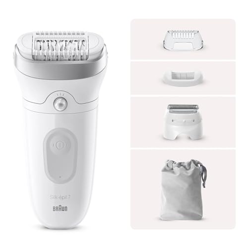 Braun Silk-épil 7 Damen-Epilierer, elektrischer Epilierer für Damen mit breitem Kopf für eine einfache Epilation, nass & trocken, lang glatte Haut, 7-041, Weiß/Silber von Braun