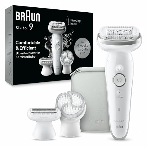 Braun Silk-épil 9 Damen-Epilierer, elektrischer Epilierer für Damen mit flexiblem Kopf für eine einfache Epilation, nass & trocken, lang glatte Haut, 9-061, Weiß/Silber von Braun