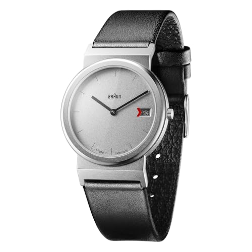 Braun Unisex 2-Hand with Date Analogue Swiss-Part Quartz Watch, Made in Germany, Silver Dial and Black Leather Strap, 34mm Stainless Steel Case, Model AW50. Braun Unisex 2-Hand with Date Analogue Swiss-Part Quartz Watch, Made in Germany, Silver Dial and Black Leather Strap, 34mm Stainless Steel Case, Model AW50. von Braun