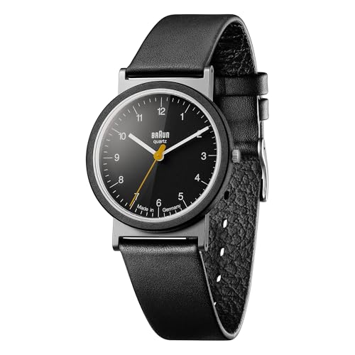 Braun Unisex 3-Hand Analogue Swiss-Part Quartz Watch, Made in Germany, Black Dial and Black Leather Strap, 33mm Stainless Steel Case, Model AW10. von Braun