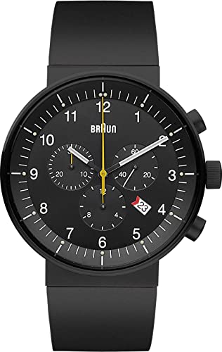 Braun Mens Prestige Chronograph with Date Analogue Quartz Watch, Black Dial and Rubber Strap, 43mm Black Stainless Steel Case, Model BN0095BKBKBKG. von Braun