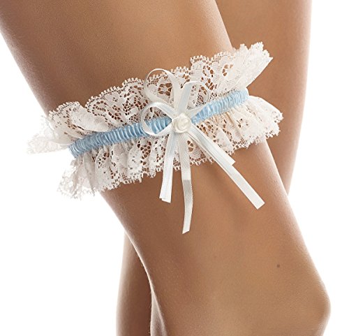 BrautChic - Strumpfband zur Hochzeit - Brautstrumpfband CLASSIC - Elastische Weiche Spitze, Ivory/Blau, Einheitsgröße von BrautChic