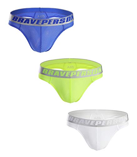 BRAVE PERSON Herren Sexy G-String Jacquard Tanga Unterwäsche Bademode B1153, Blau Gelb Weiß, X-Large von Brave Person