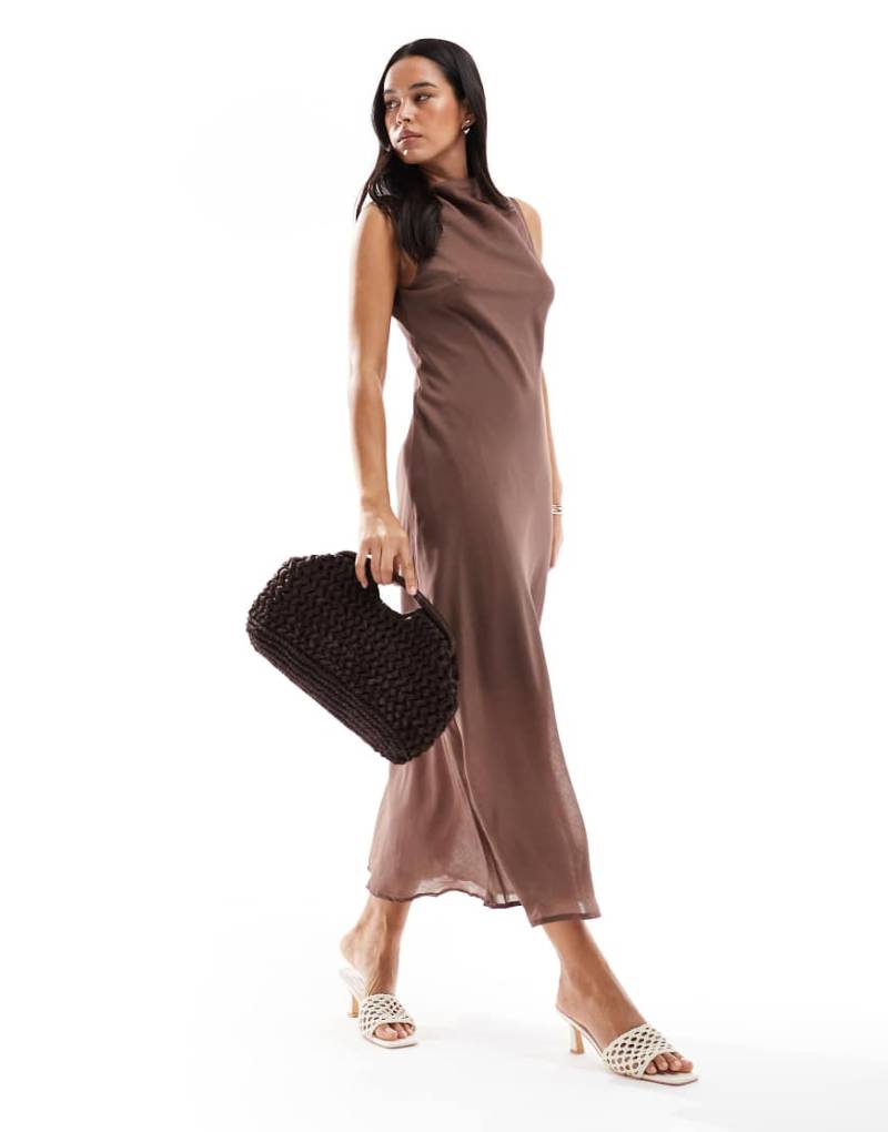 Brave Soul - Ärmelloses, hochgeschlossenes Midikleid in Mokkabraun von Brave Soul